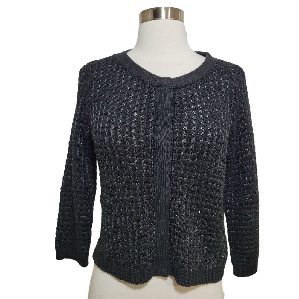 Cyrus Black Knit Metallic Sequin Snap Button Up Cardigan Sweater Size Small
